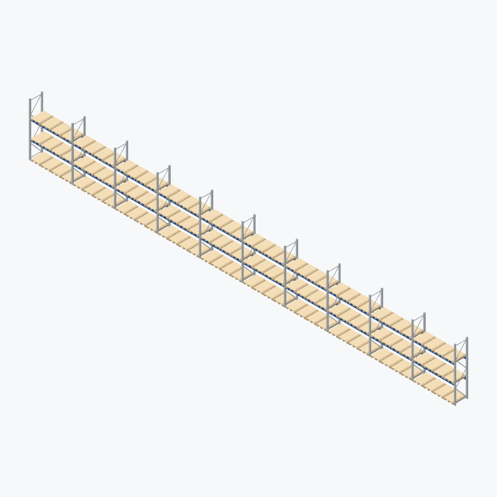 Schematic drawing BITO pallet racking: complete installation in rows, frames galvanised, beams blue