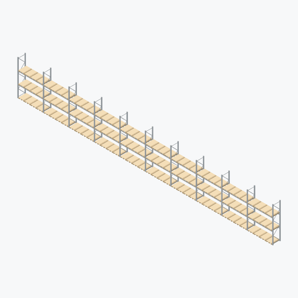 Schematic drawing Dexion pallet racking: complete installation in rows, frames galvanised, beams galvanised