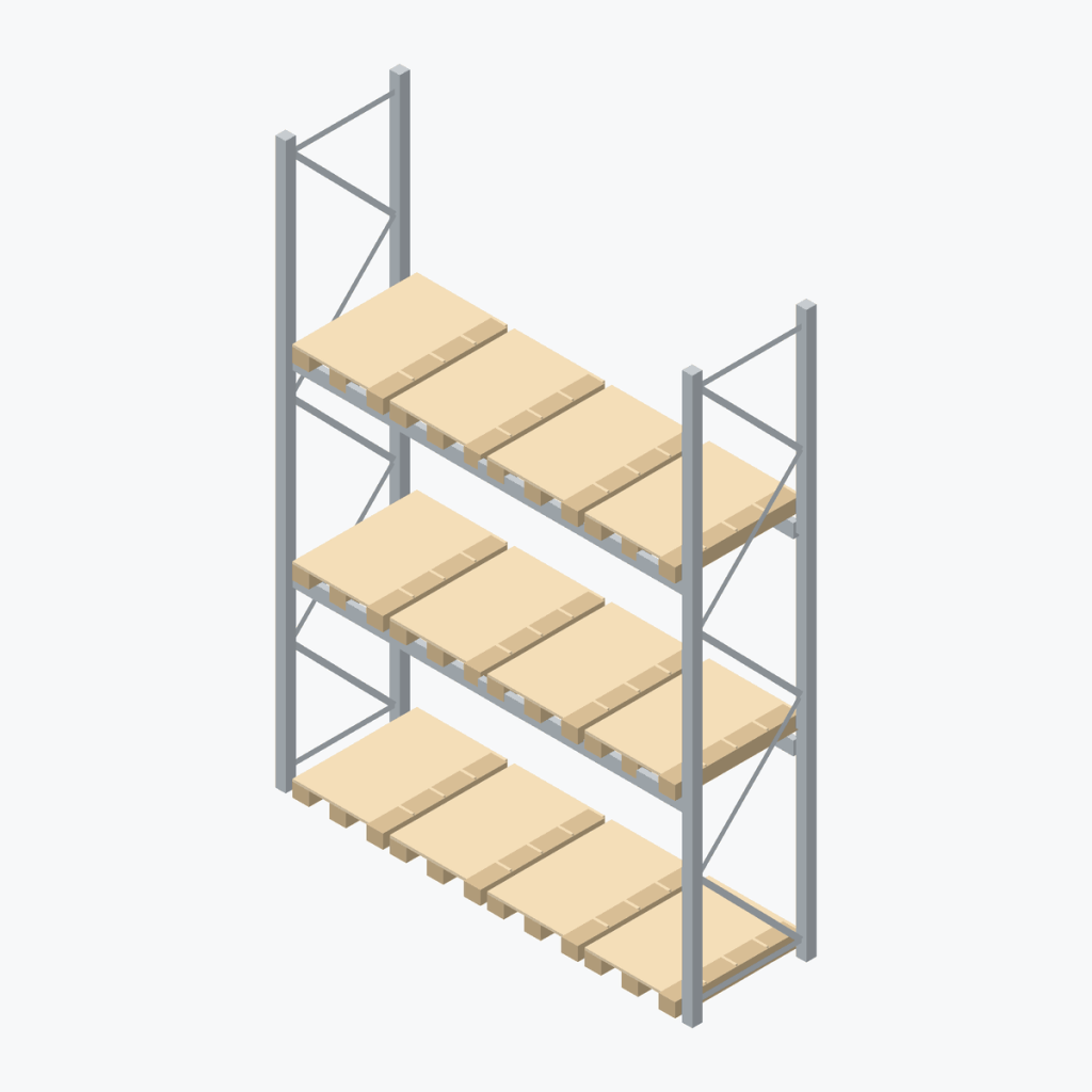 Schematic drawing Dexion pallet racking: one bay with pallets, frames galvanised, beams galvanised