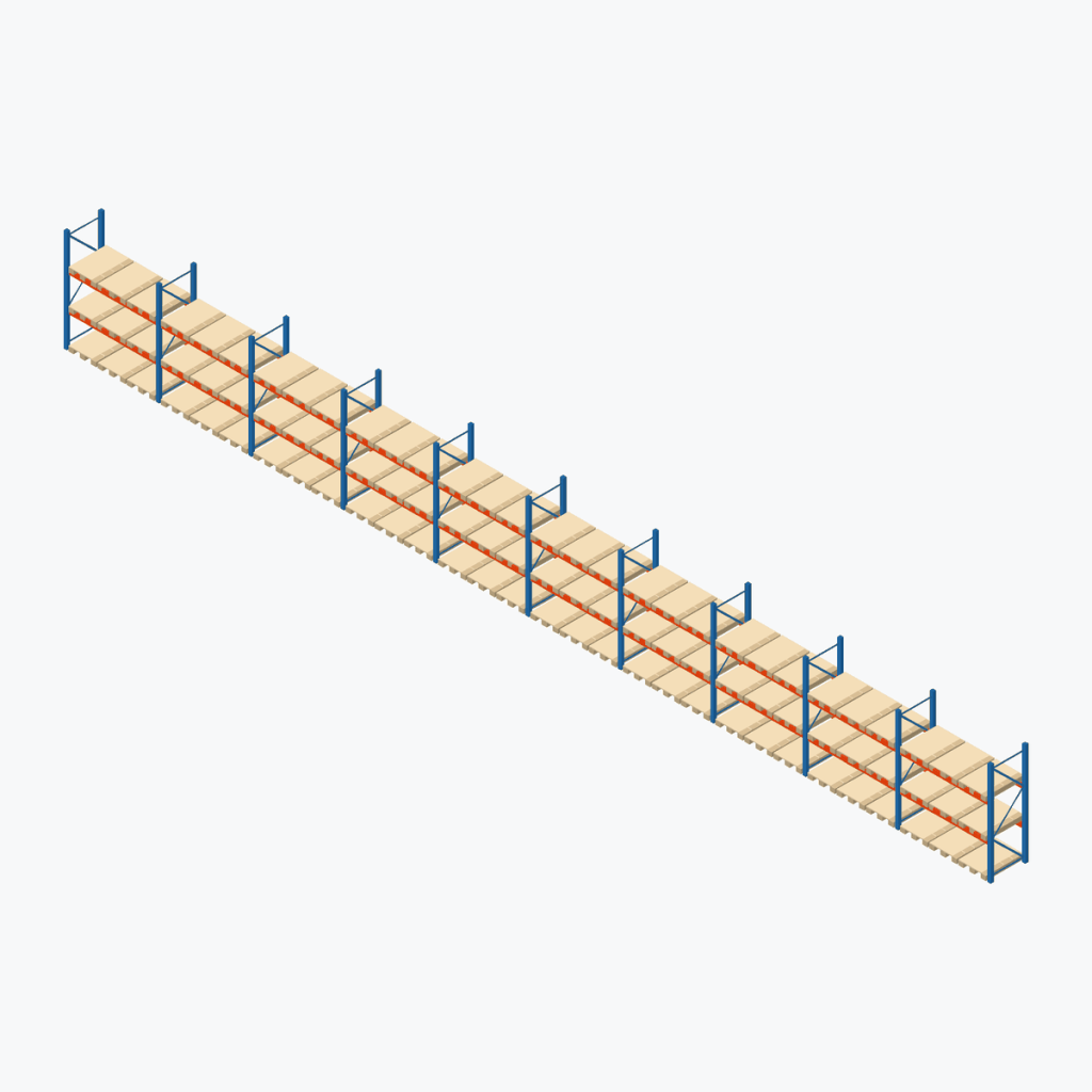 Schematic drawing Stow pallet racking: complete installation in rows, frames sky blue, beams orange