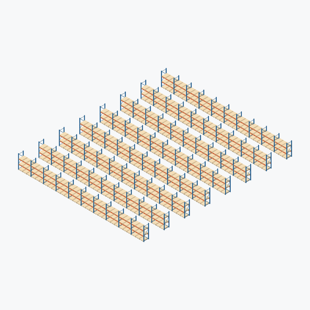 Schematic drawing Stow pallet racking: complete installation in rows, frames sky blue, beams orange