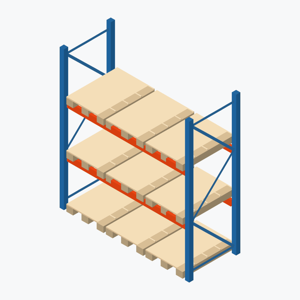 Schematic drawing Stow pallet racking: one bay with pallets, frames sky blue, beams orange