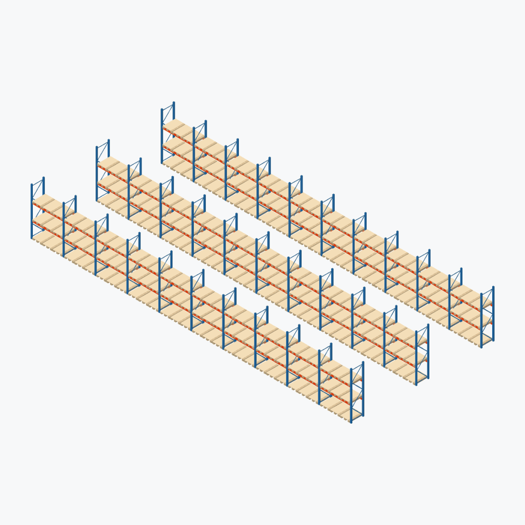 Schematic drawing Stow pallet racking: section of the installation, 3 of 12 rows, frames sky blue, beams orange