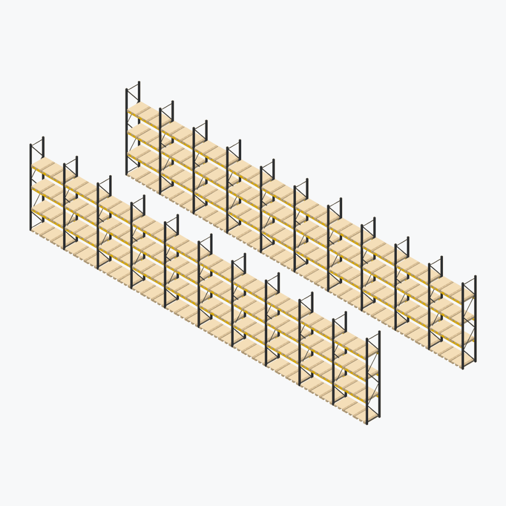 Schematic drawing Jungheinrich pallet racking: complete installation in rows, frames black, beams yellow