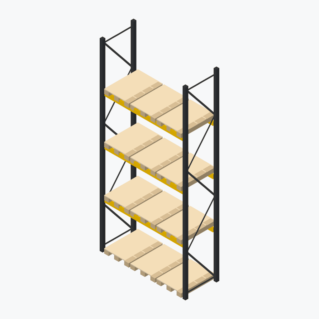 Schematic drawing Jungheinrich pallet racking: one bay with pallets, frames black, beams yellow