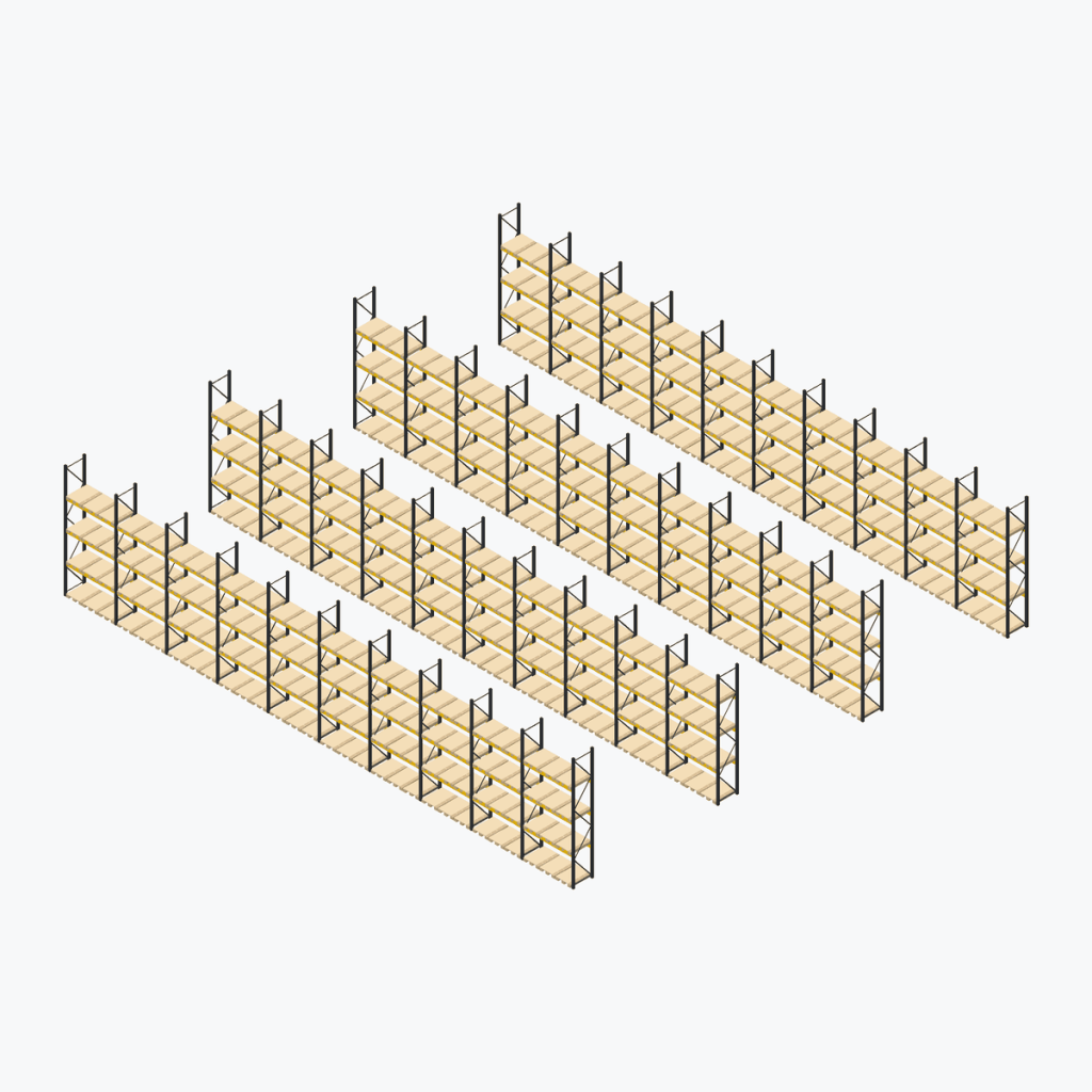 Schematic drawing Jungheinrich pallet racking: complete installation in rows, frames black, beams yellow