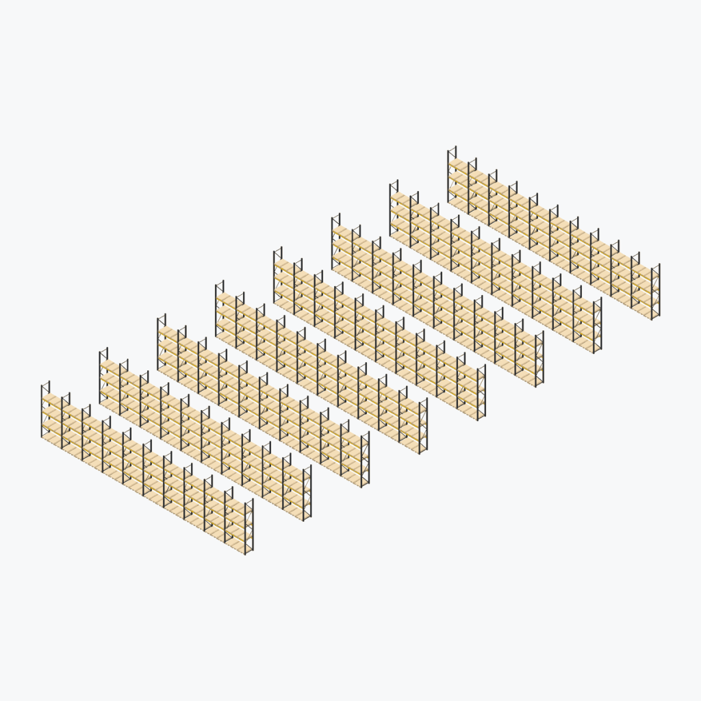 Schematic drawing Jungheinrich pallet racking: complete installation in rows, frames black, beams yellow