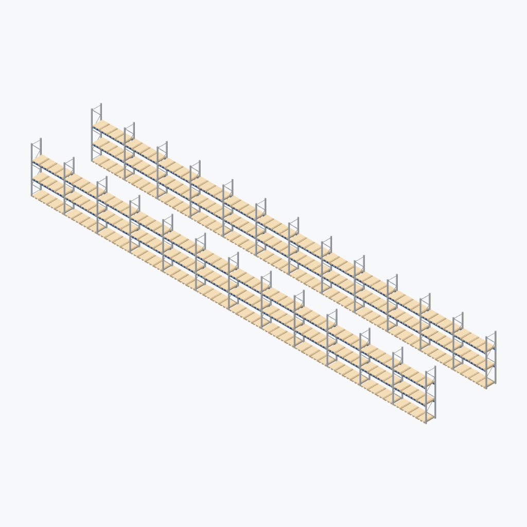 Schematic drawing BITO pallet racking: complete installation in rows, frames galvanised, beams blue
