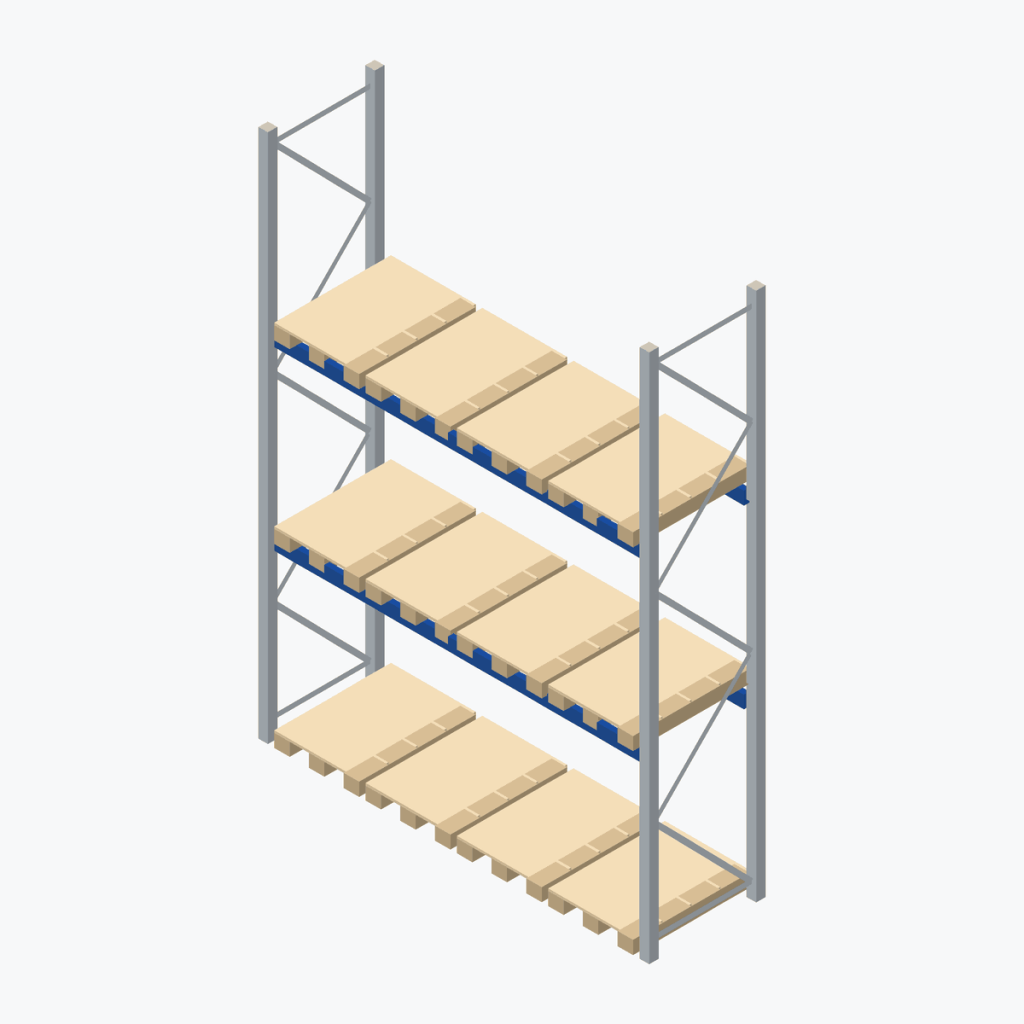 Schematic drawing BITO pallet racking: one bay with pallets, frames galvanised, beams blue