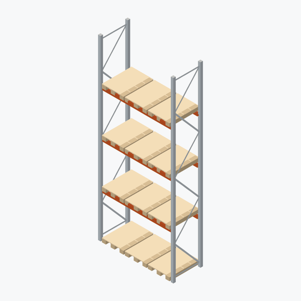 Schematic drawing META pallet racking: one bay with pallets, frames galvanised, beams red orange