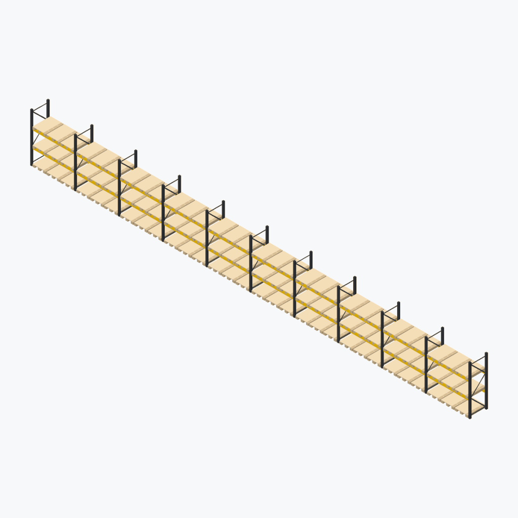 Schematic drawing Jungheinrich pallet racking: complete installation in rows, frames black, beams yellow
