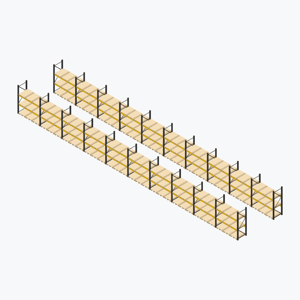 Schematic drawing Jungheinrich pallet racking: complete installation in rows, frames black, beams yellow