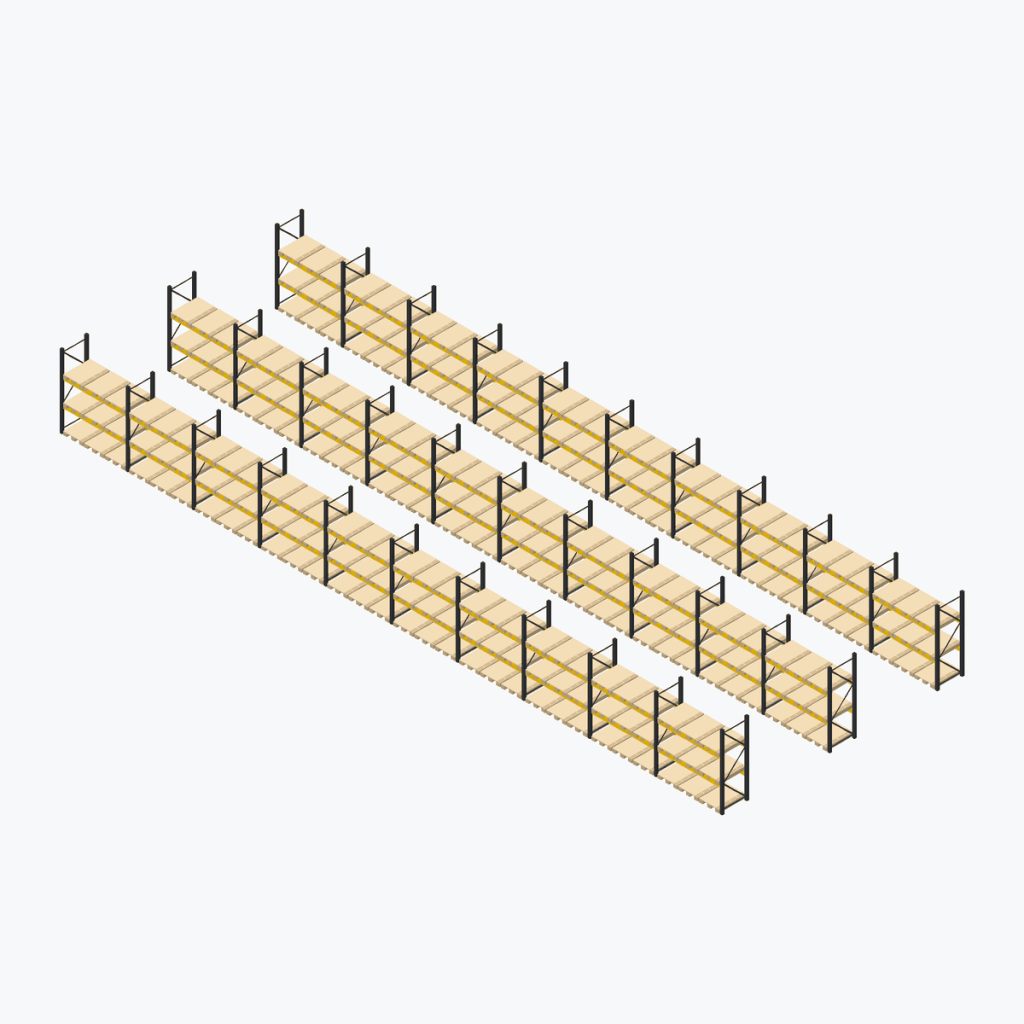 Schematic drawing Jungheinrich pallet racking: complete installation in rows, frames black, beams yellow