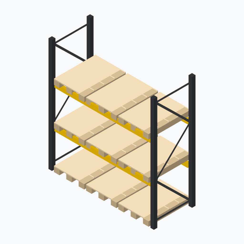 Schematic drawing Jungheinrich pallet racking: one bay with pallets, frames black, beams yellow