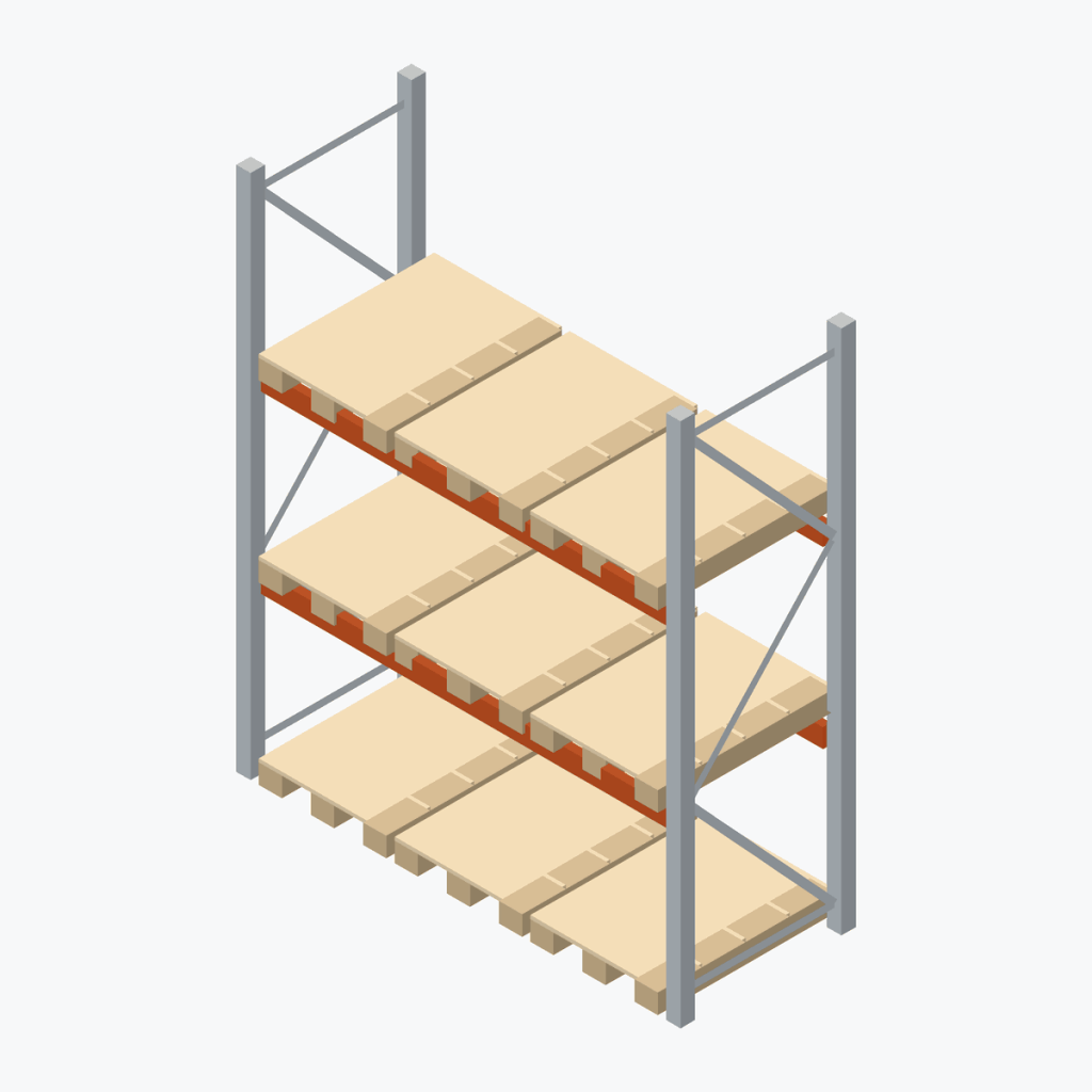 Schematic drawing META pallet racking: one bay with pallets, frames galvanised, beams red orange
