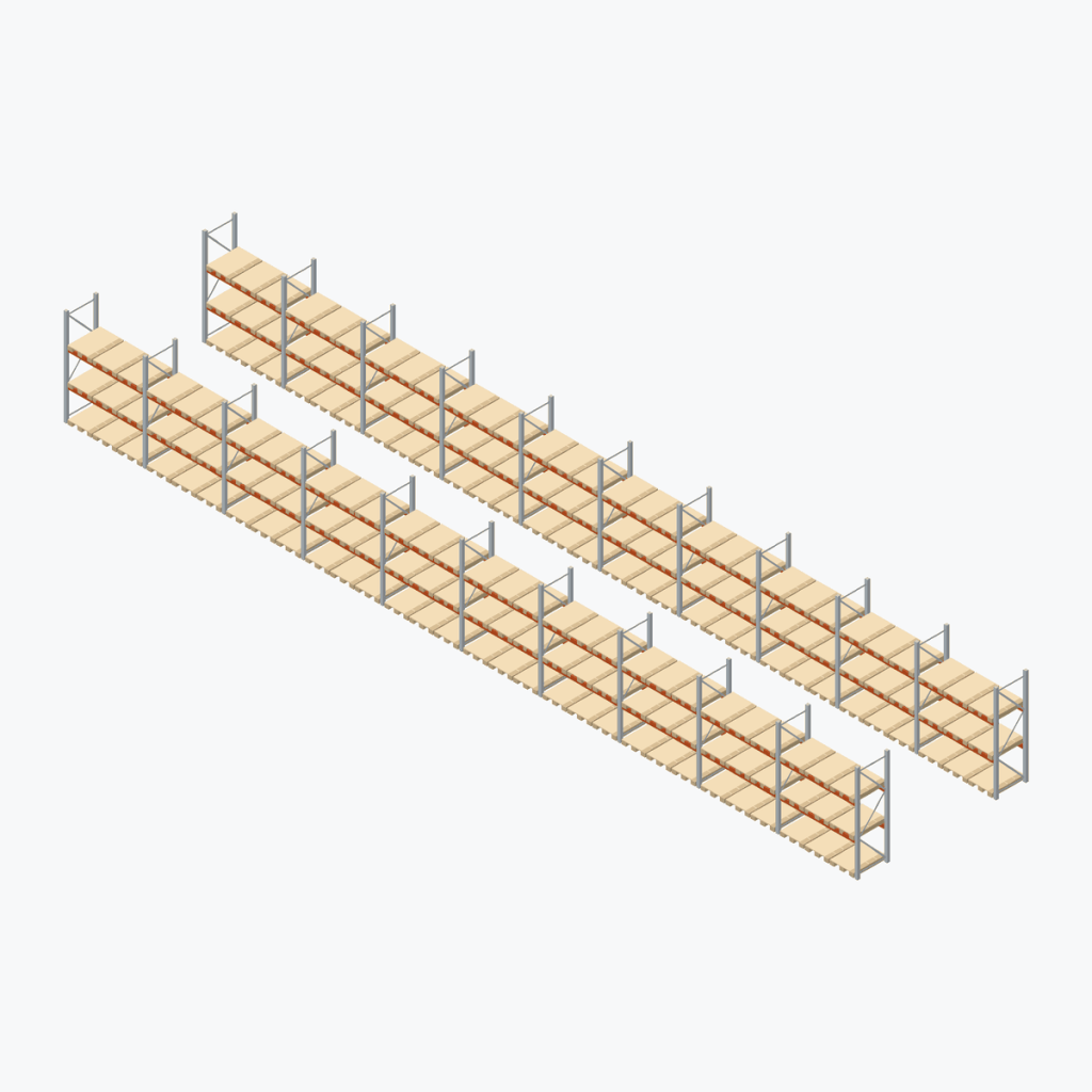 Schematic drawing META pallet racking: complete installation in rows, frames galvanised, beams red orange