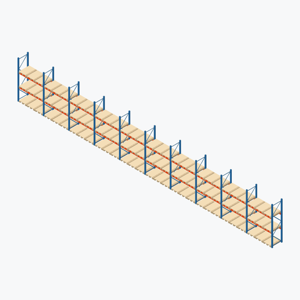Schematic drawing Stow pallet racking: complete installation in rows, frames sky blue, beams orange