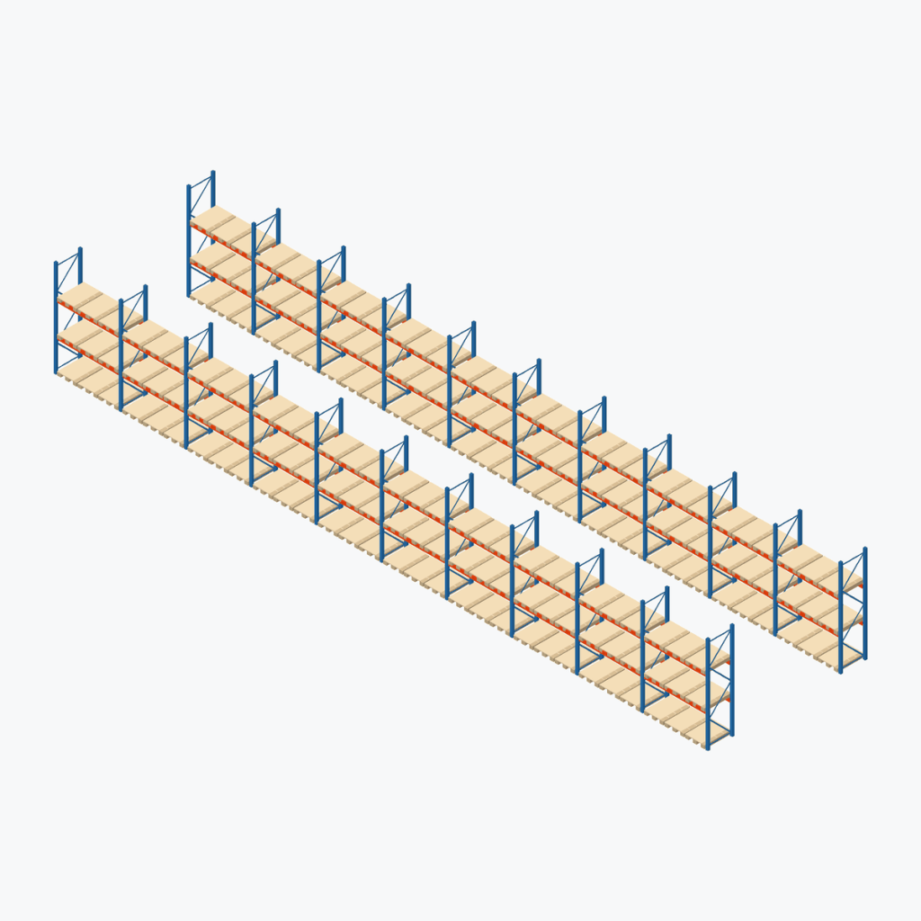 Schematic drawing Stow pallet racking: complete installation in rows, frames sky blue, beams orange