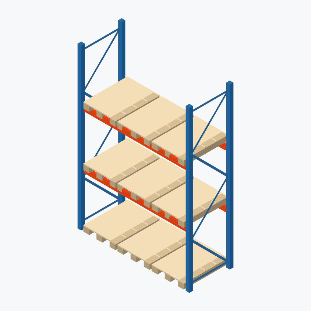Schematic drawing Stow pallet racking: one bay with pallets, frames sky blue, beams orange