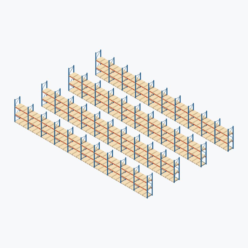 Schematic drawing Stow pallet racking: complete installation in rows, frames sky blue, beams orange