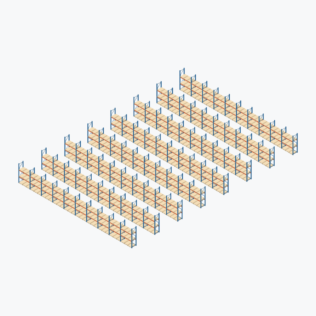 Schematic drawing Stow pallet racking: complete installation in rows, frames sky blue, beams orange
