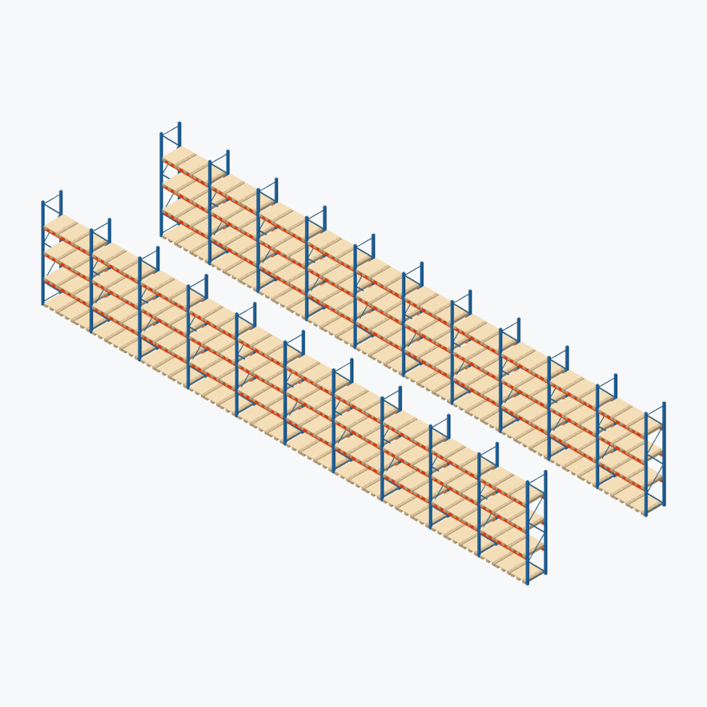Schematic drawing Stow pallet racking: complete installation in rows, frames sky blue, beams orange