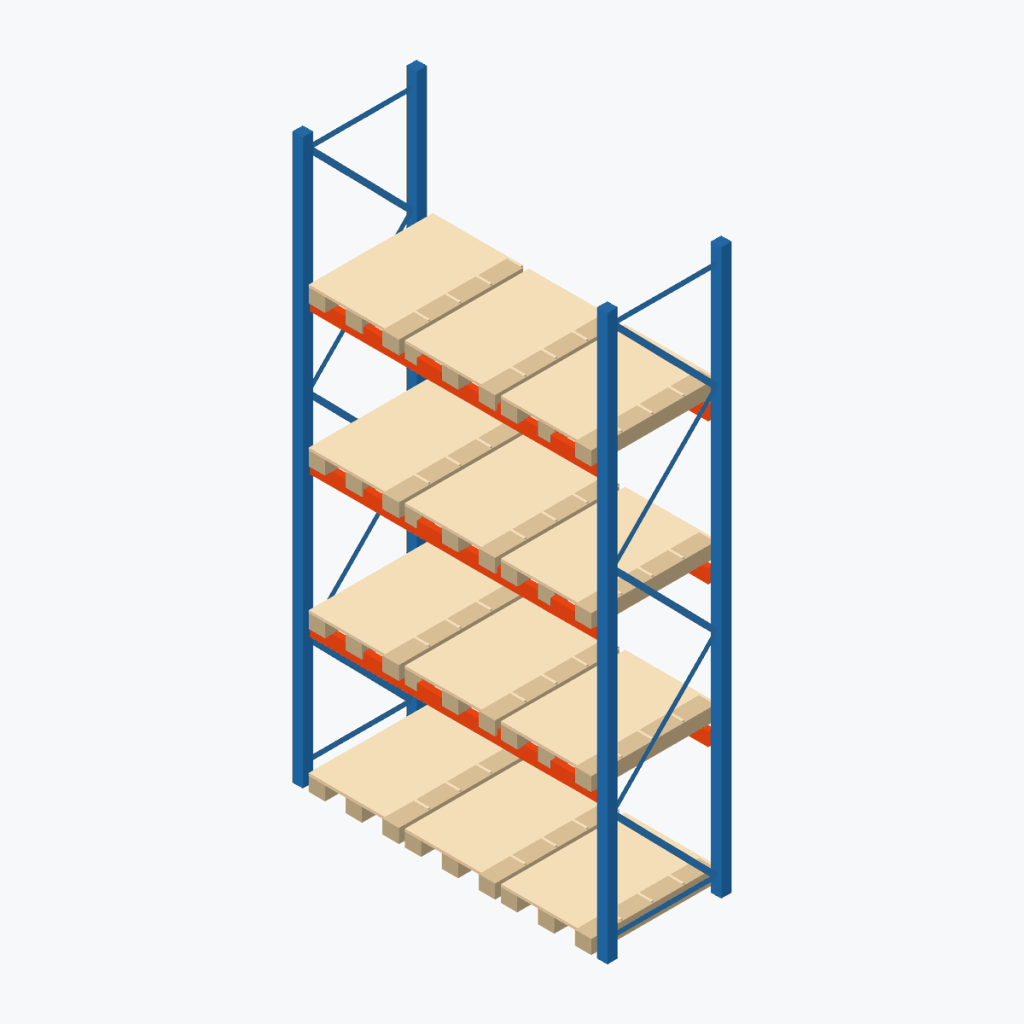 Schematic drawing Stow pallet racking: one bay with pallets, frames sky blue, beams orange