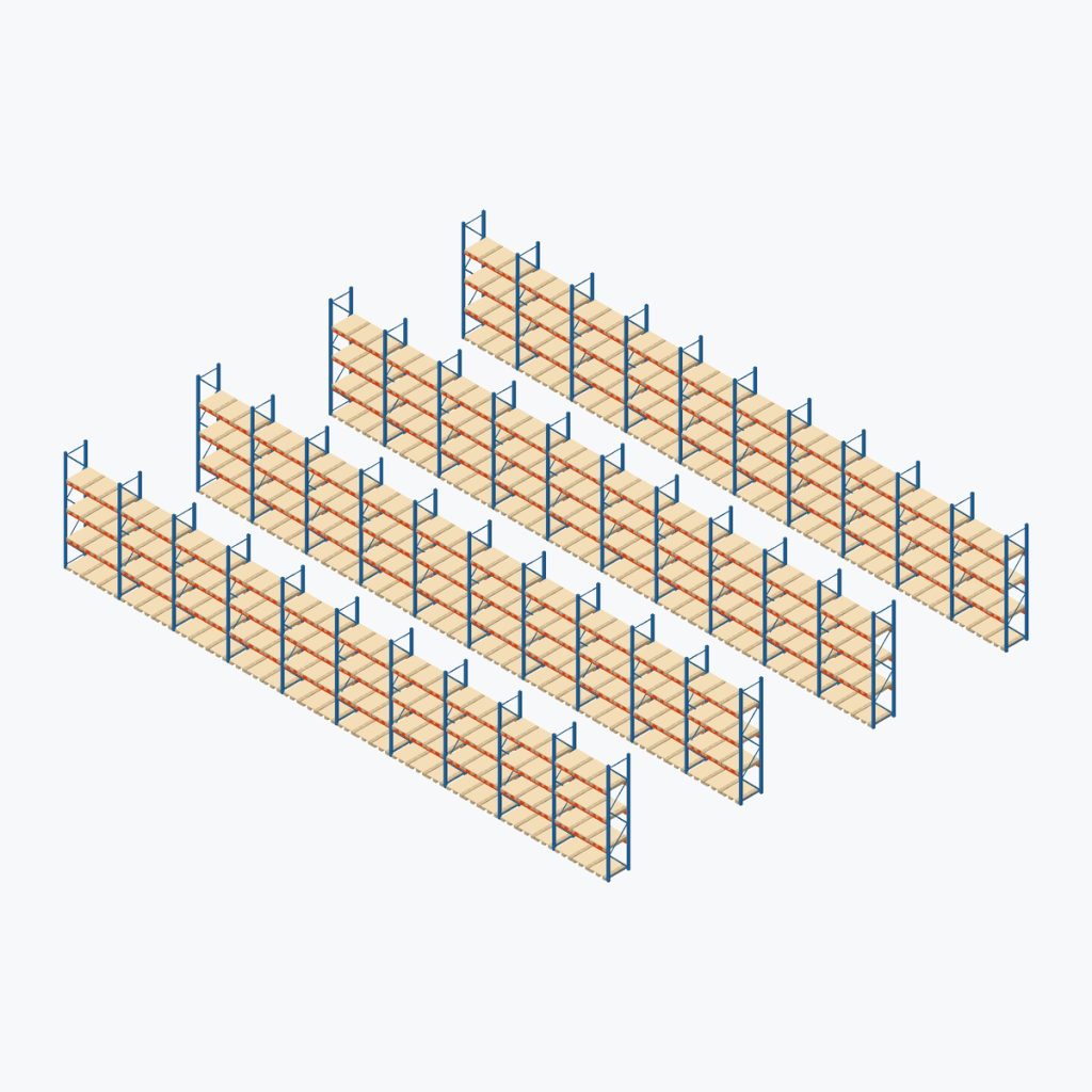 Schematic drawing Stow pallet racking: complete installation in rows, frames sky blue, beams orange