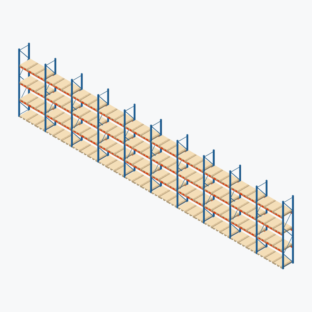 Schematic drawing Stow pallet racking: complete installation in rows, frames sky blue, beams orange