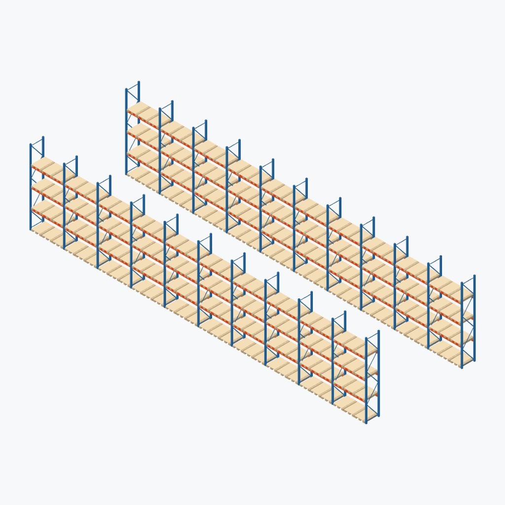 Schematic drawing Stow pallet racking: complete installation in rows, frames sky blue, beams orange