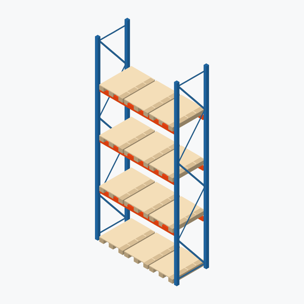 Schematic drawing Stow pallet racking: one bay with pallets, frames sky blue, beams orange