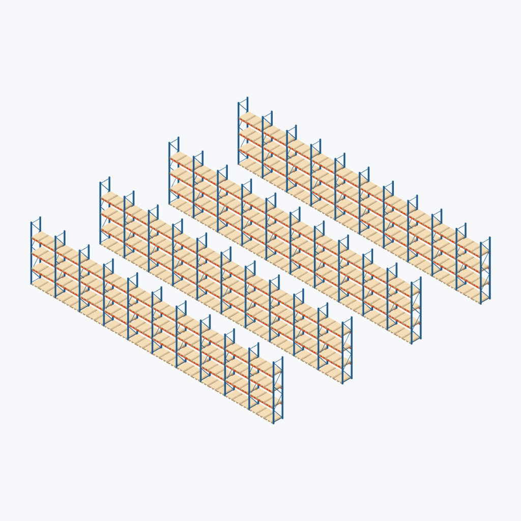 Schematic drawing Stow pallet racking: complete installation in rows, frames sky blue, beams orange