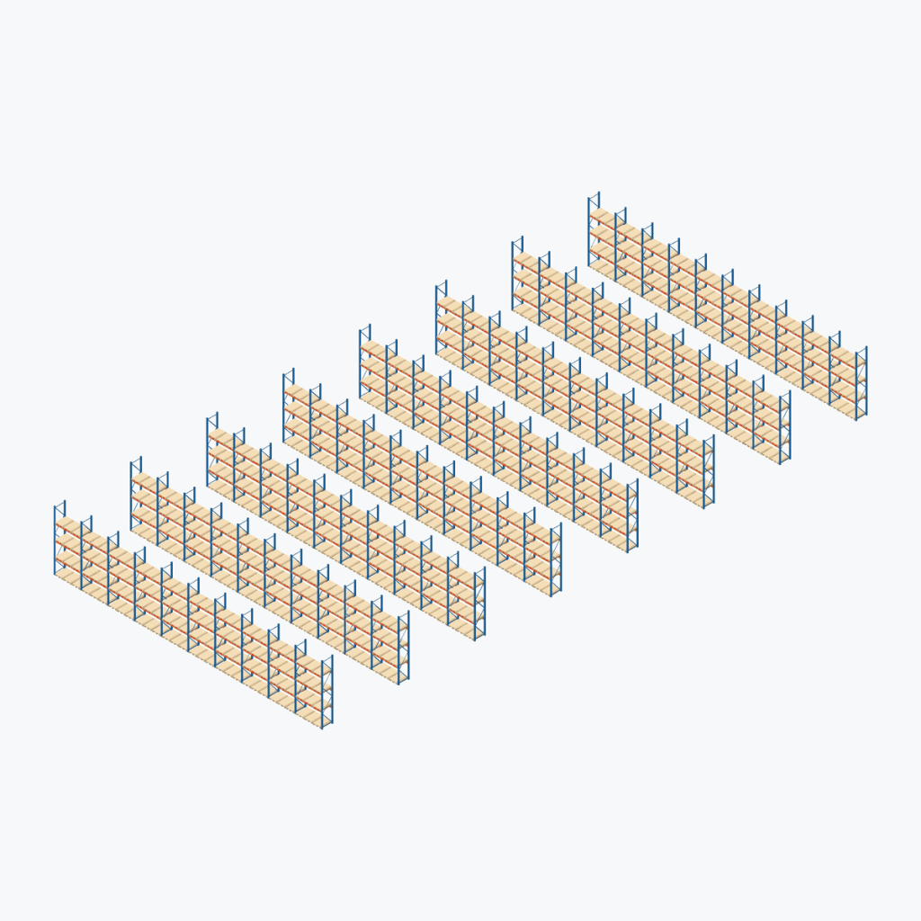 Schematic drawing Stow pallet racking: complete installation in rows, frames sky blue, beams orange