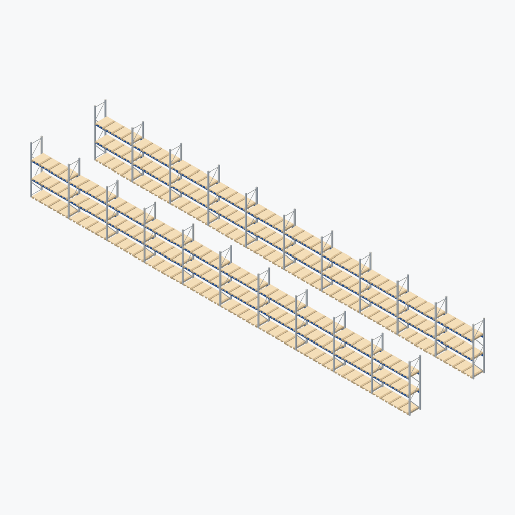 Schematic drawing BITO pallet racking: complete installation in rows, frames galvanised, beams blue