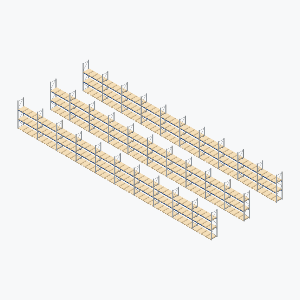 Schematic drawing BITO pallet racking: complete installation in rows, frames galvanised, beams blue