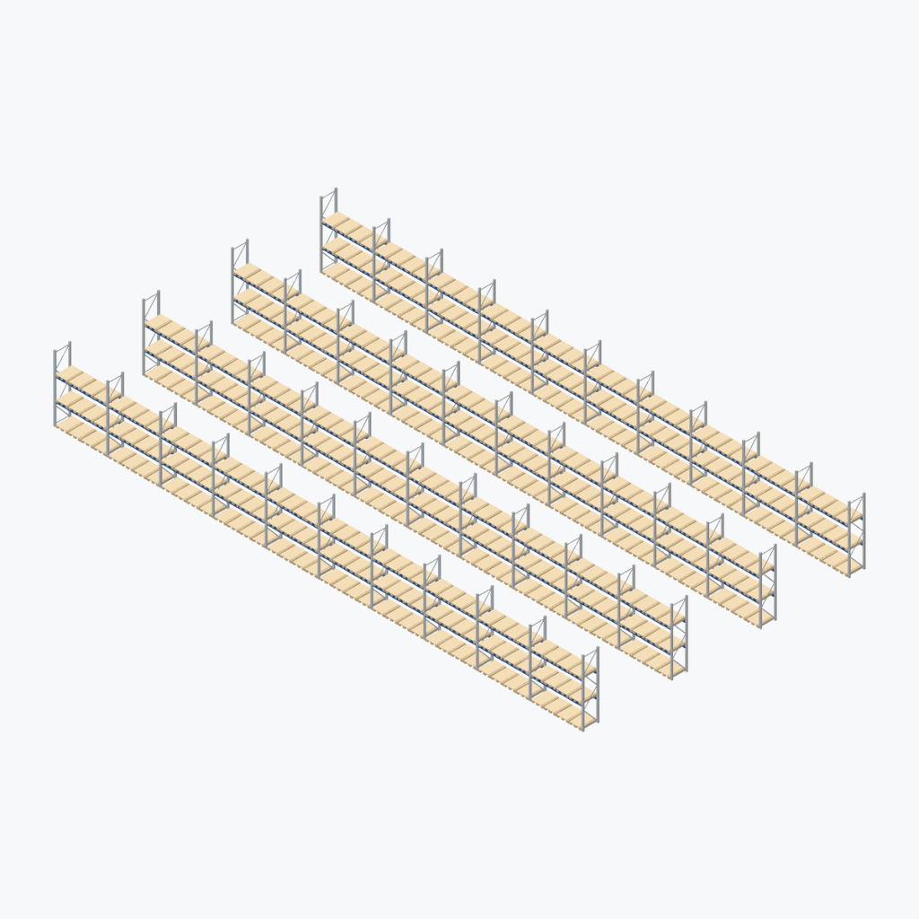 Schematic drawing BITO pallet racking: complete installation in rows, frames galvanised, beams blue