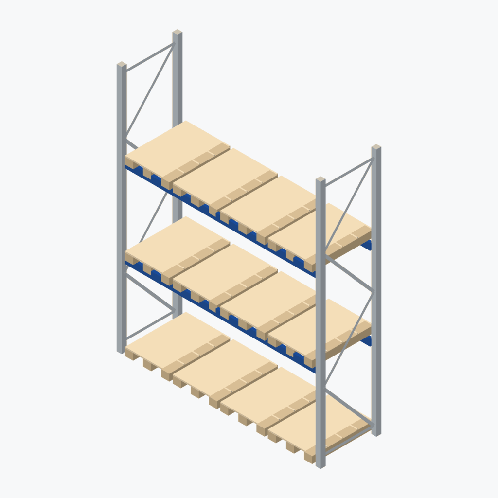 Schematic drawing BITO pallet racking: one bay with pallets, frames galvanised, beams blue
