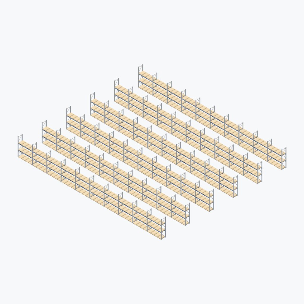 Schematic drawing BITO pallet racking: complete installation in rows, frames galvanised, beams blue