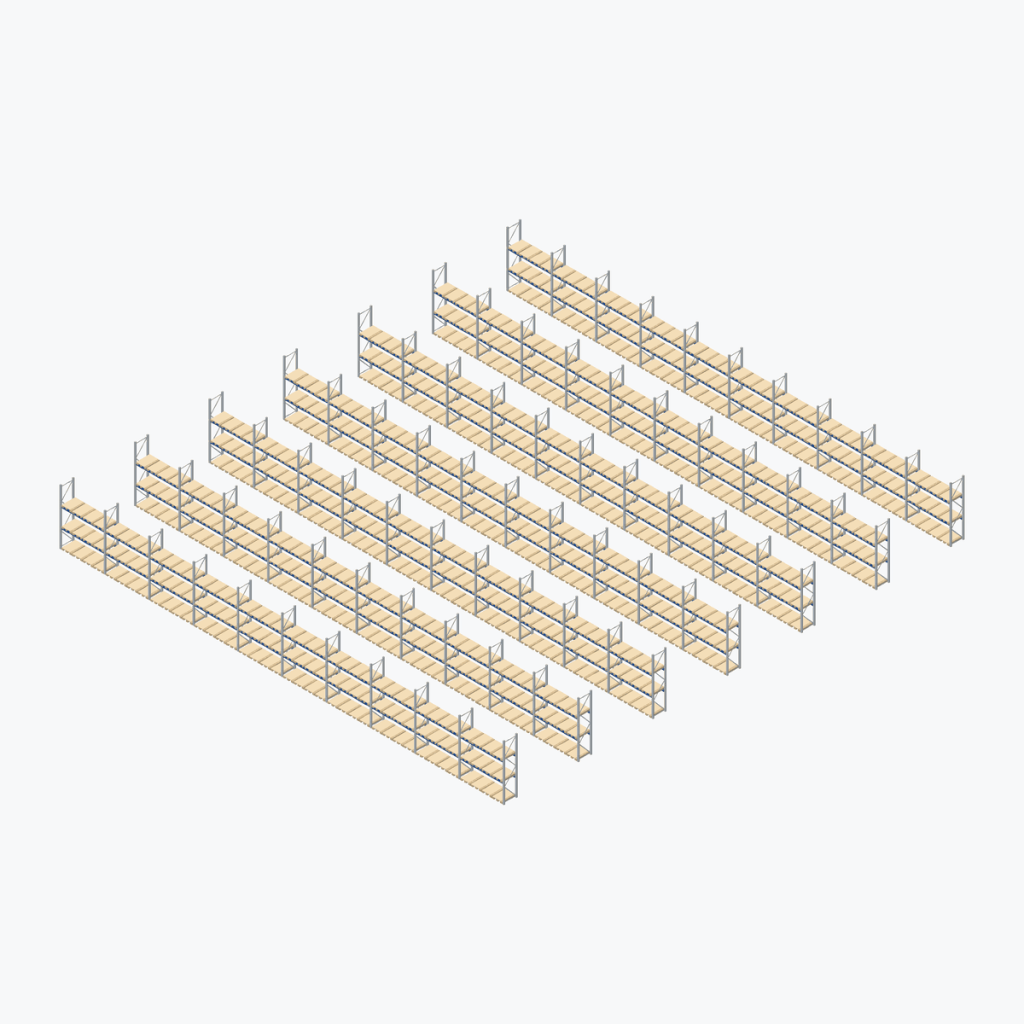 Schematic drawing BITO pallet racking: complete installation in rows, frames galvanised, beams blue