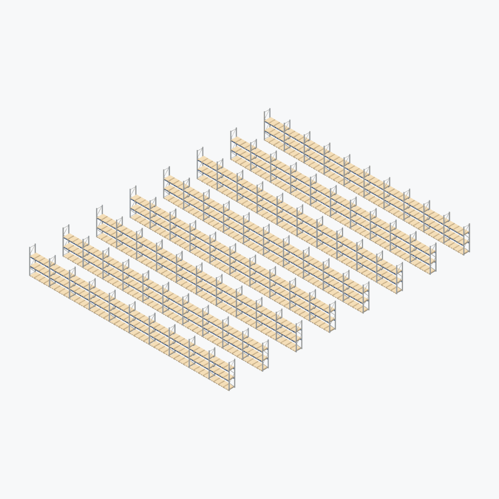 Schematic drawing BITO pallet racking: complete installation in rows, frames galvanised, beams blue