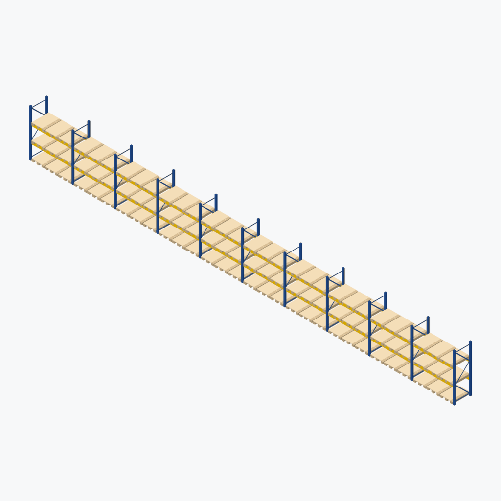 Schematic drawing Jungheinrich pallet racking: complete installation in rows, frames blue, beams yellow