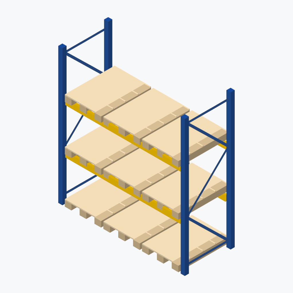 Schematic drawing Jungheinrich pallet racking: one bay with pallets, frames blue, beams yellow