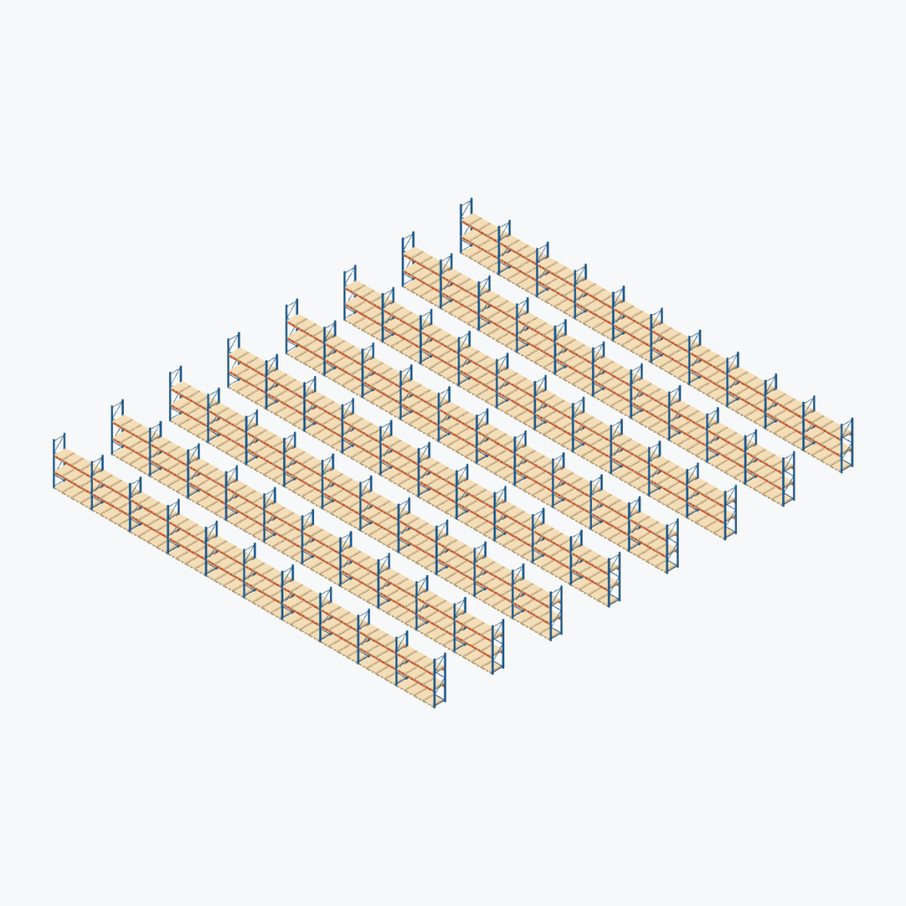 Schematic drawing Stow pallet racking: complete installation in rows, frames sky blue, beams orange