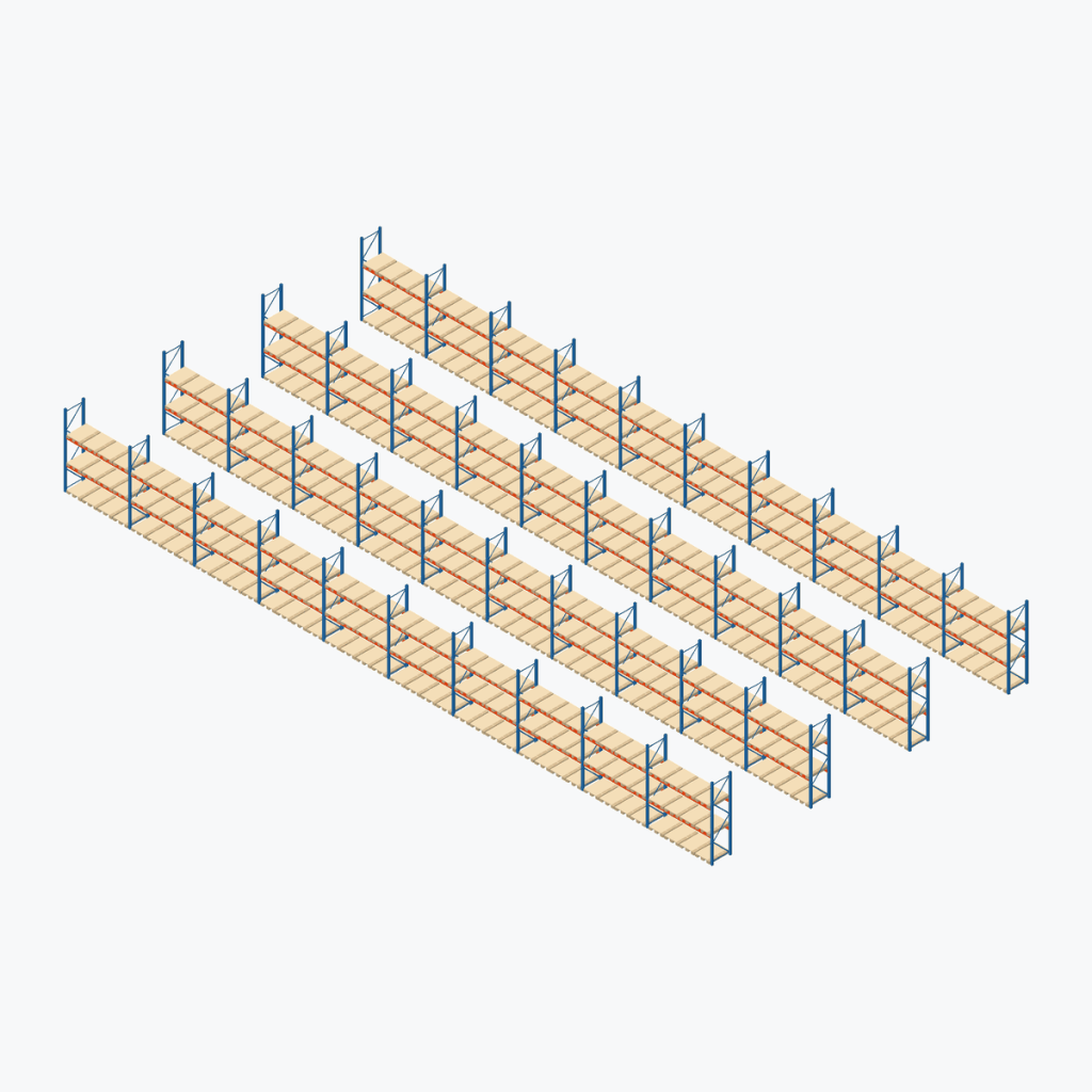 Schematic drawing Stow pallet racking: complete installation in rows, frames sky blue, beams orange