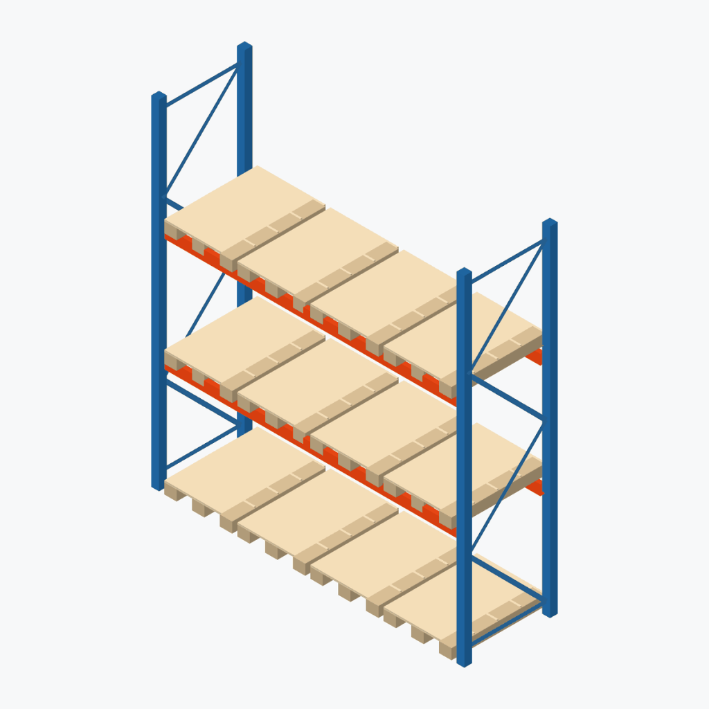 Schematic drawing Stow pallet racking: one bay with pallets, frames sky blue, beams orange