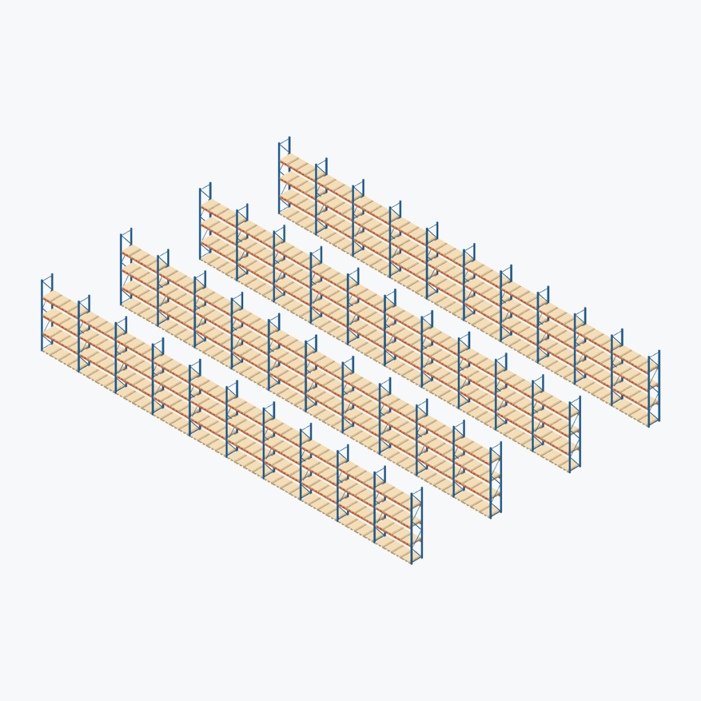 Schematic drawing Stow pallet racking: complete installation in rows, frames sky blue, beams orange