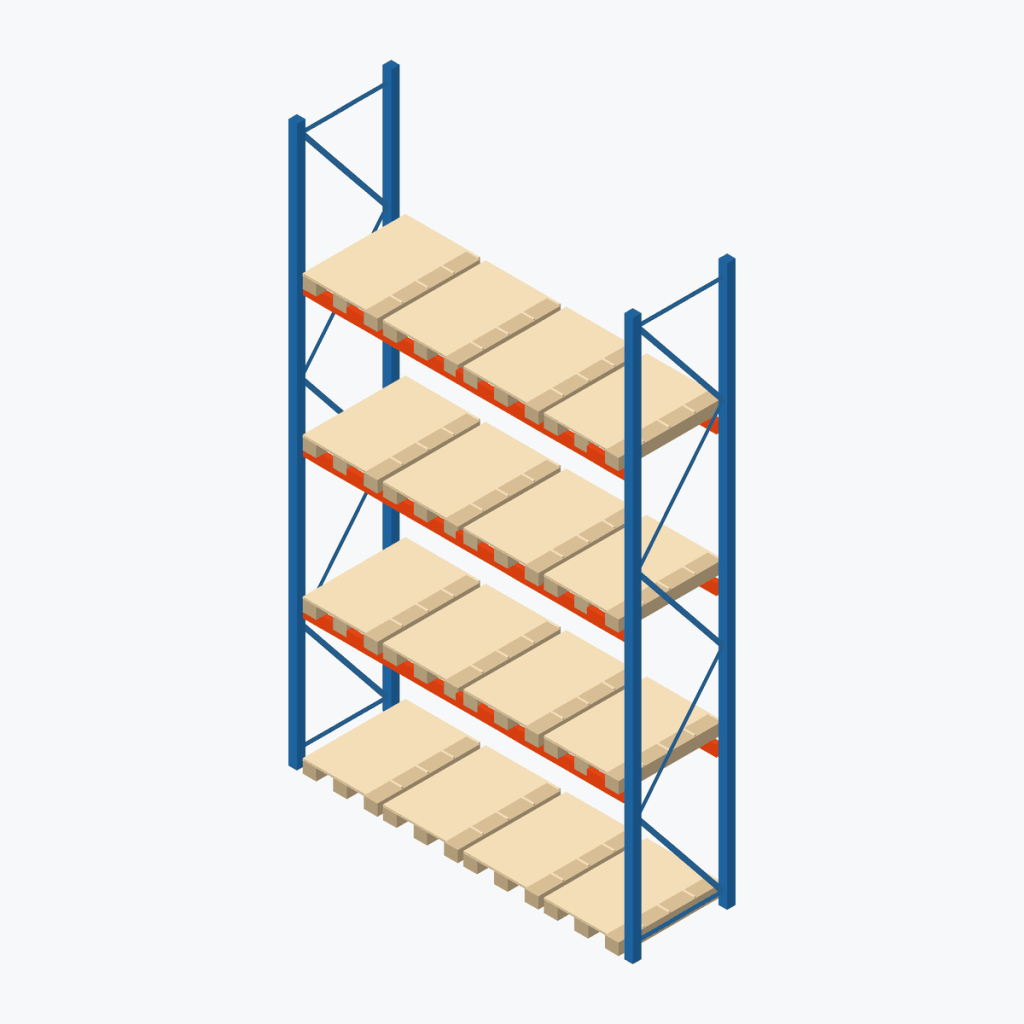 Schematic drawing Stow pallet racking: one bay with pallets, frames sky blue, beams orange