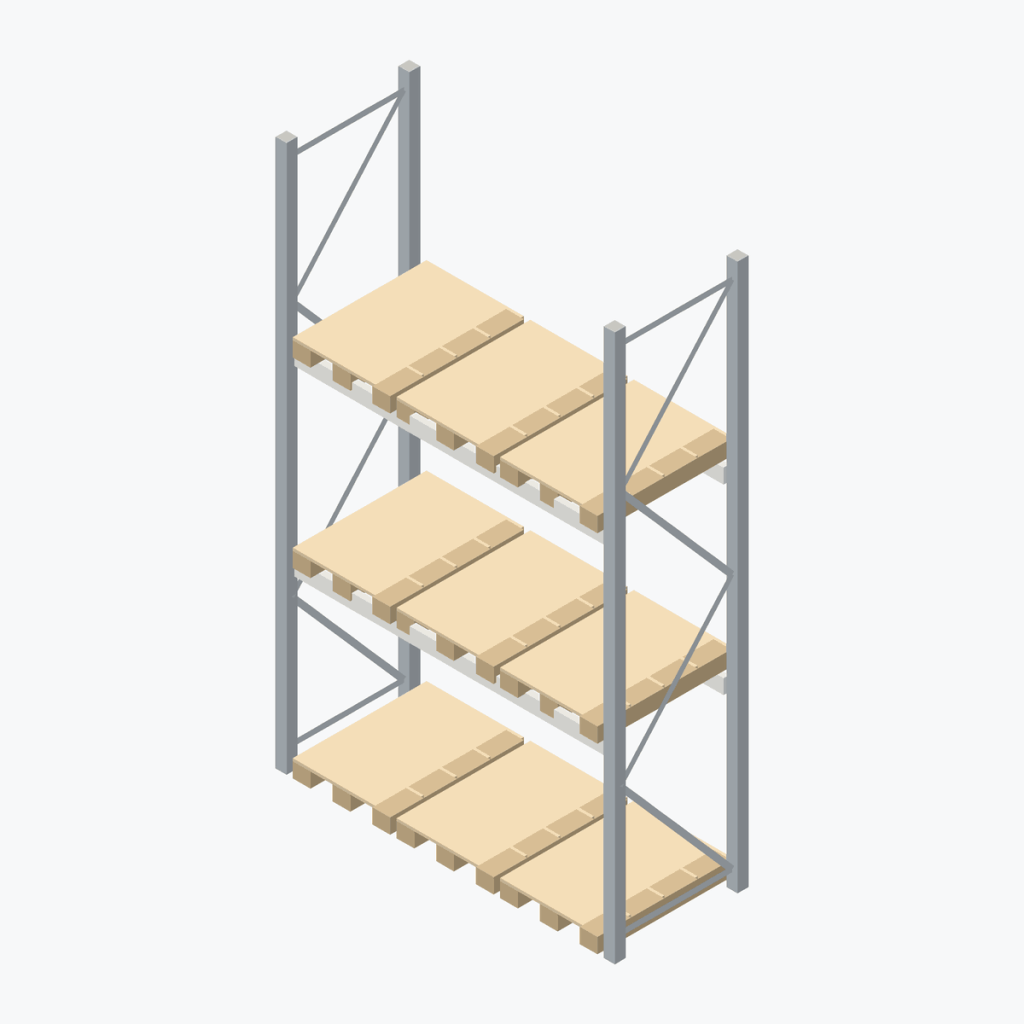 Schematic drawing BITO pallet racking: one bay with pallets, frames galvanised, beams white