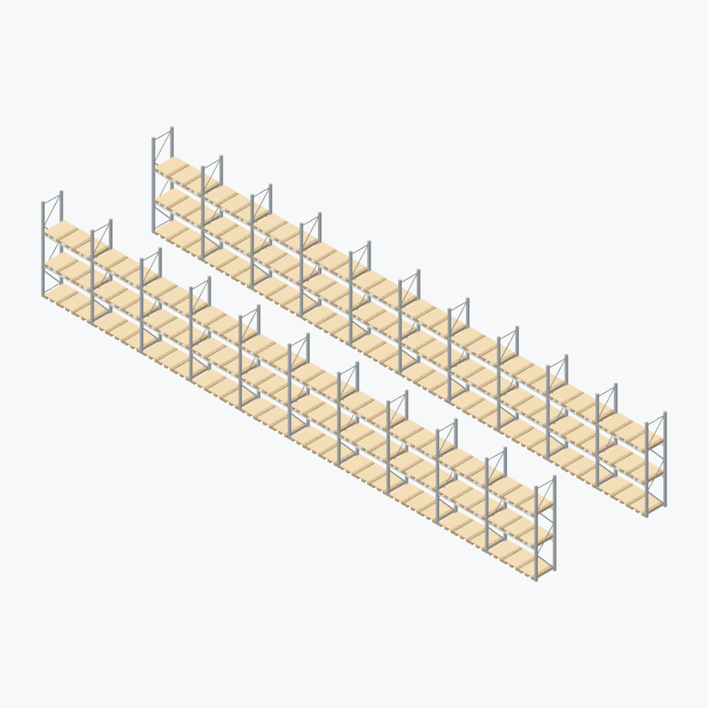 Schematic drawing BITO pallet racking: complete installation in rows, frames galvanised, beams white
