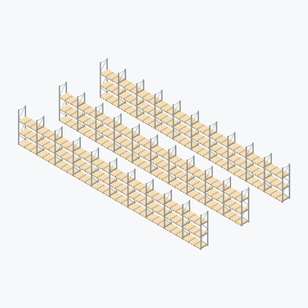 Schematic drawing BITO pallet racking: complete installation in rows, frames galvanised, beams white